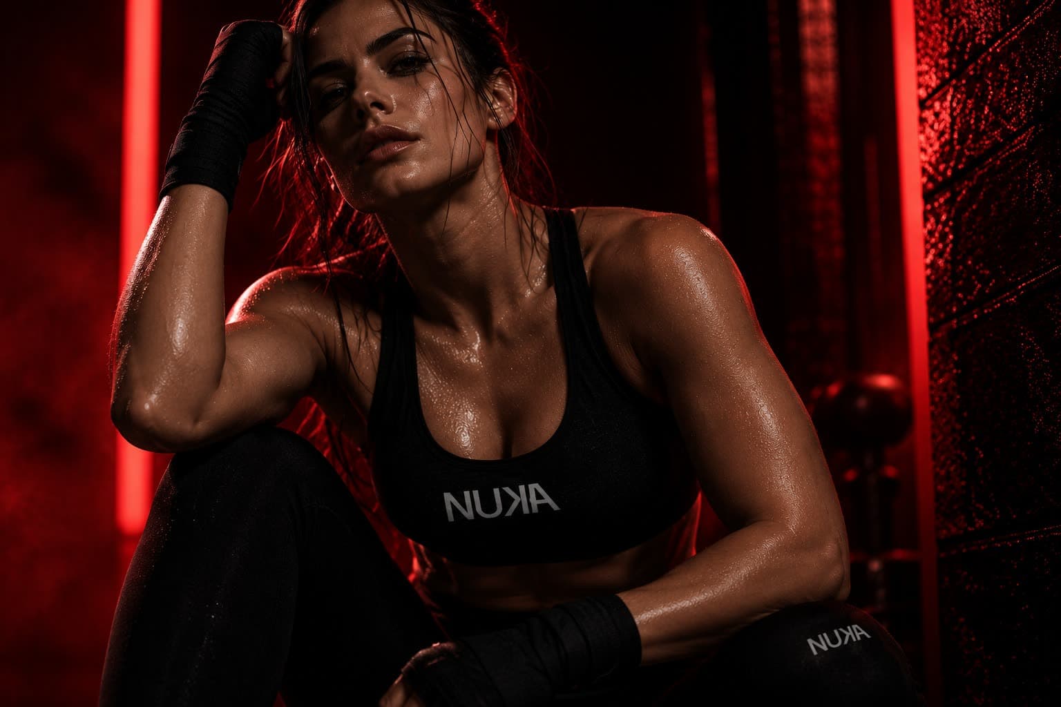 Atleta com top NUKA em estúdio com luz vermelha